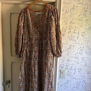 Daughters of India | Orange, White, and Brown Floral Maxi Dress| 100% Cotton | M